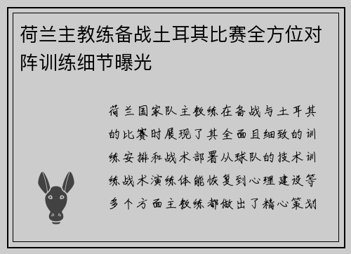 荷兰主教练备战土耳其比赛全方位对阵训练细节曝光