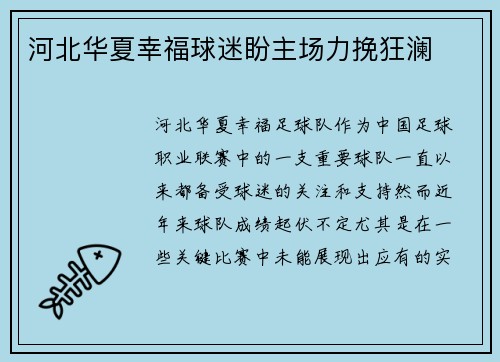 河北华夏幸福球迷盼主场力挽狂澜