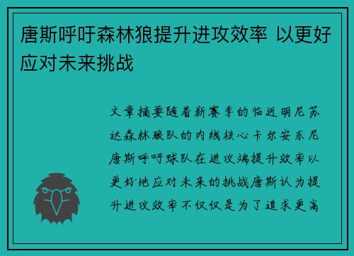 唐斯呼吁森林狼提升进攻效率 以更好应对未来挑战