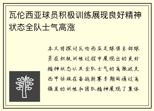 瓦伦西亚球员积极训练展现良好精神状态全队士气高涨