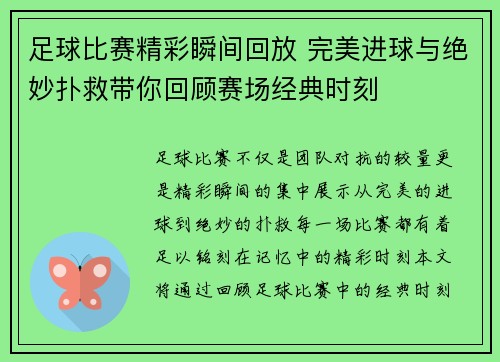 足球比赛精彩瞬间回放 完美进球与绝妙扑救带你回顾赛场经典时刻