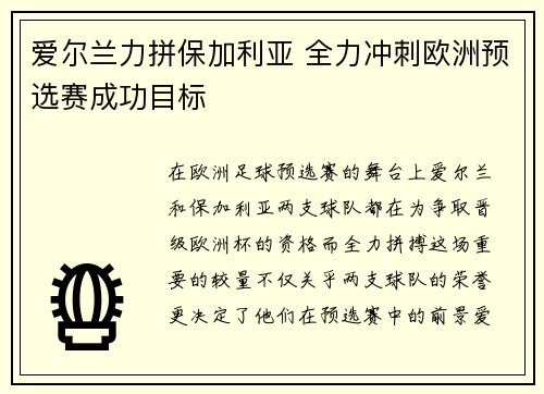 爱尔兰力拼保加利亚 全力冲刺欧洲预选赛成功目标