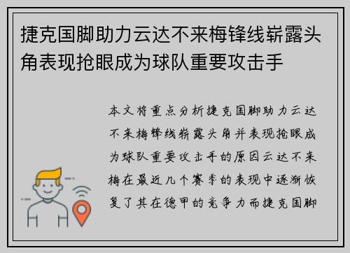捷克国脚助力云达不来梅锋线崭露头角表现抢眼成为球队重要攻击手